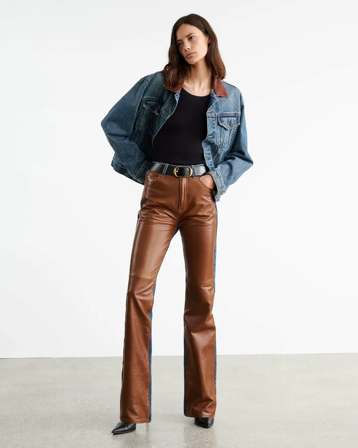 Women Nili Lotan JOAN LEATHER COMBO JEAN Simon Wash W Cognac Denim
