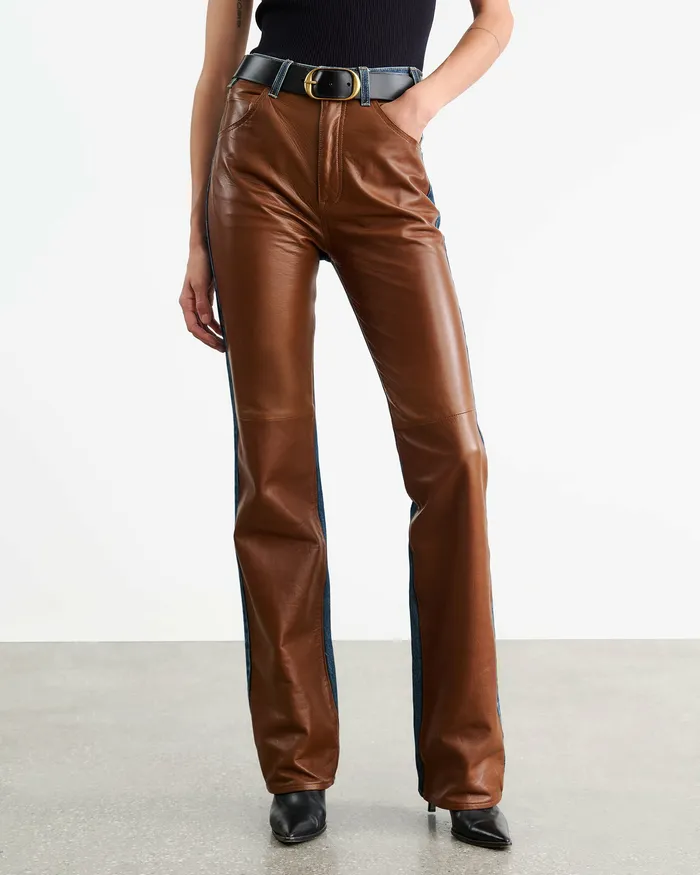 Women Nili Lotan JOAN LEATHER COMBO JEAN Simon Wash W Cognac Denim