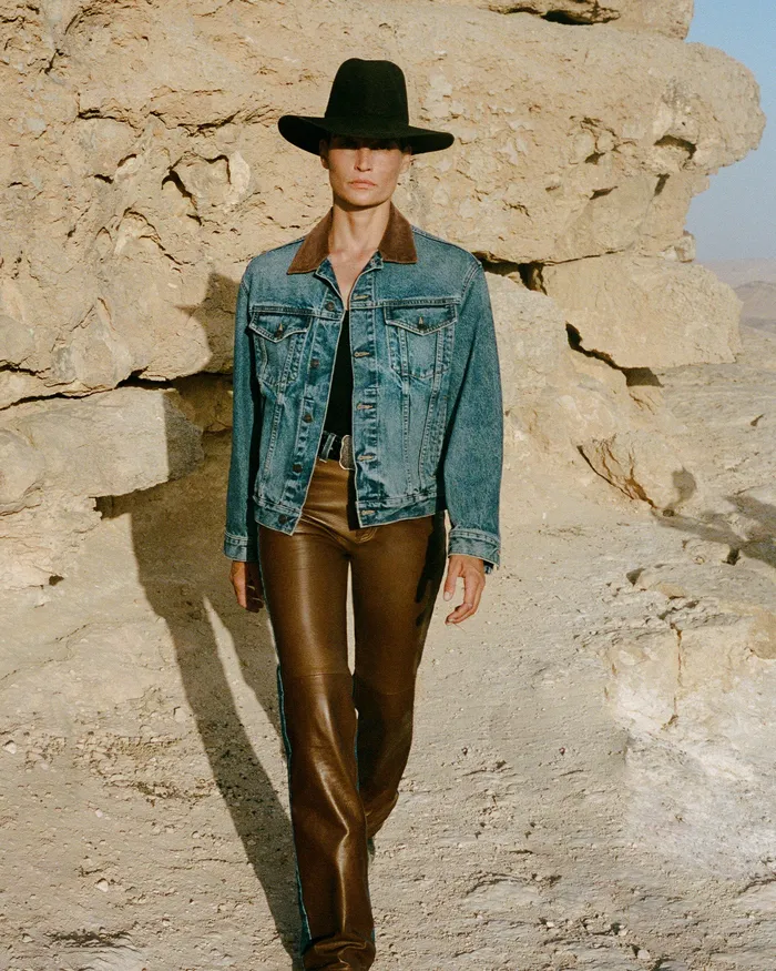 Women Nili Lotan JOAN LEATHER COMBO JEAN Simon Wash W Cognac Denim
