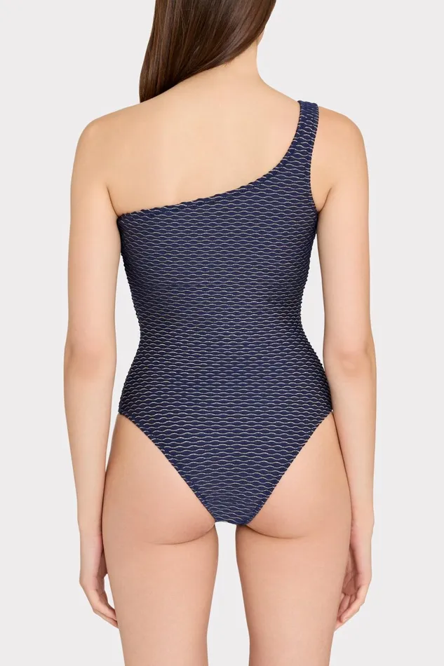 Women One Piece Swimsuits Milly Joni Textured Waves One Shoulder One Piece Navy