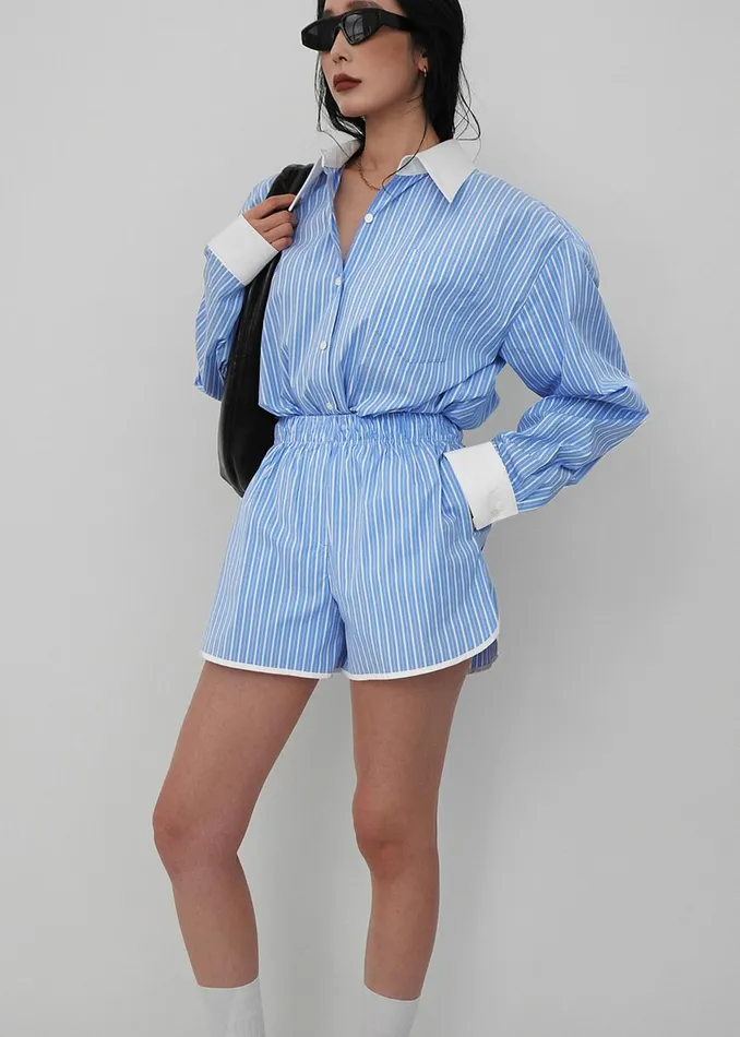 Women Orla Boxer Shorts 8211 BlueWhite Stripe The Frankie Shop Bottoms