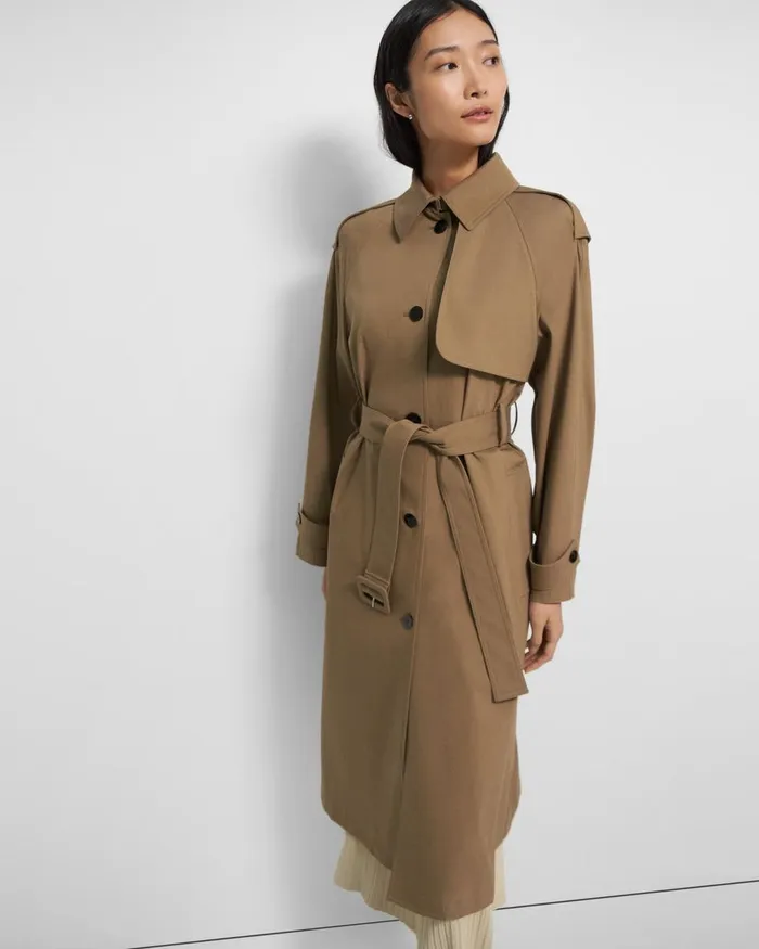 Women Outerwear Theory Belted Trench Coat In Technical Twill Camel