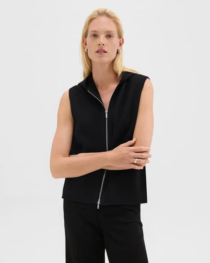 Women Outerwear Theory Hooded ZipUp Vest In DoubleFace WoolCashmere Black