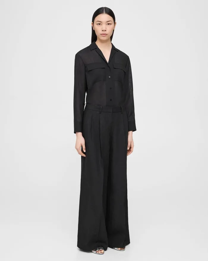 Women Pants Theory Pleated LowRise Pant In Galena Linen Black