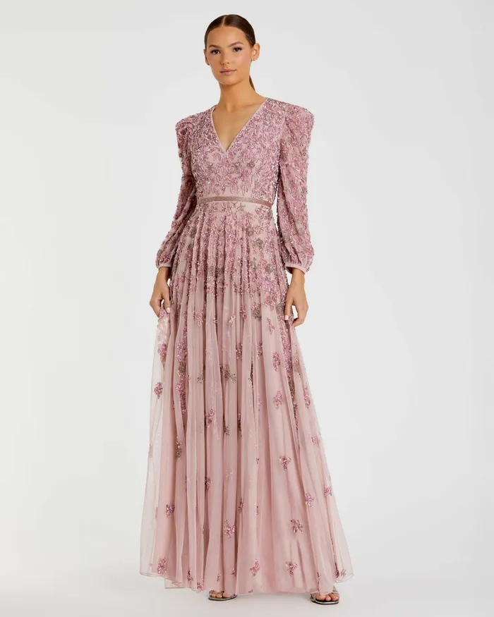 Women Pink Embellished V Neck 34 Sleeve A Line Gown Rose Best Sellers Mac Duggal