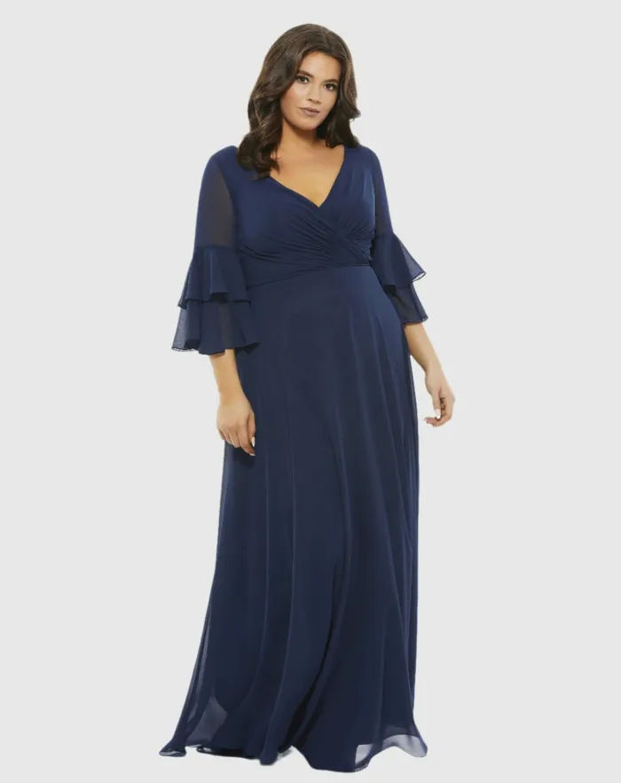 Women Pleated Bell Sleeve Chiffon Gown Plus Navy Plus Size Dresses Mac Duggal