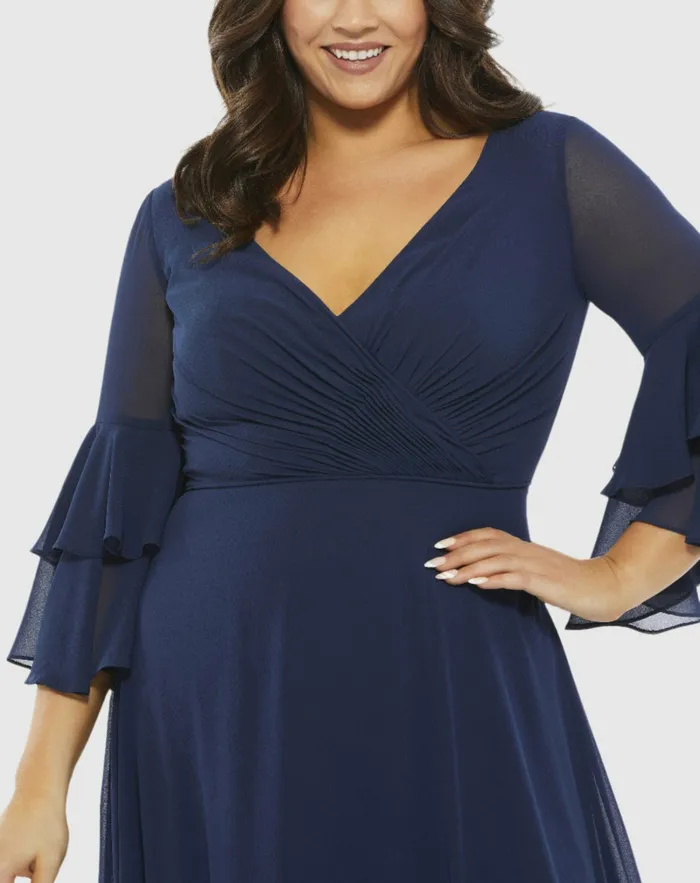 Women Pleated Bell Sleeve Chiffon Gown Plus Navy Plus Size Dresses Mac Duggal