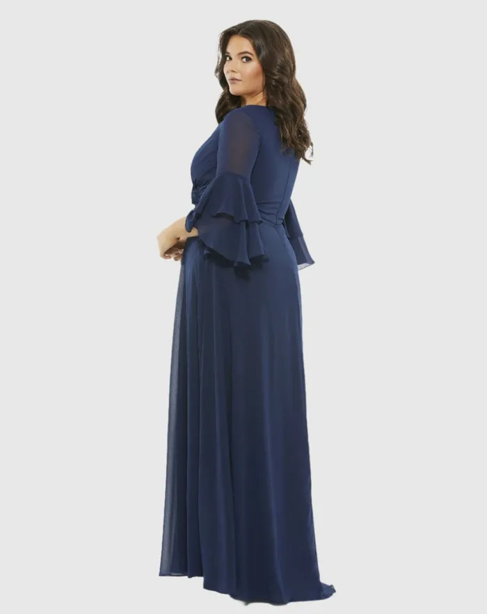 Women Pleated Bell Sleeve Chiffon Gown Plus Navy Plus Size Dresses Mac Duggal