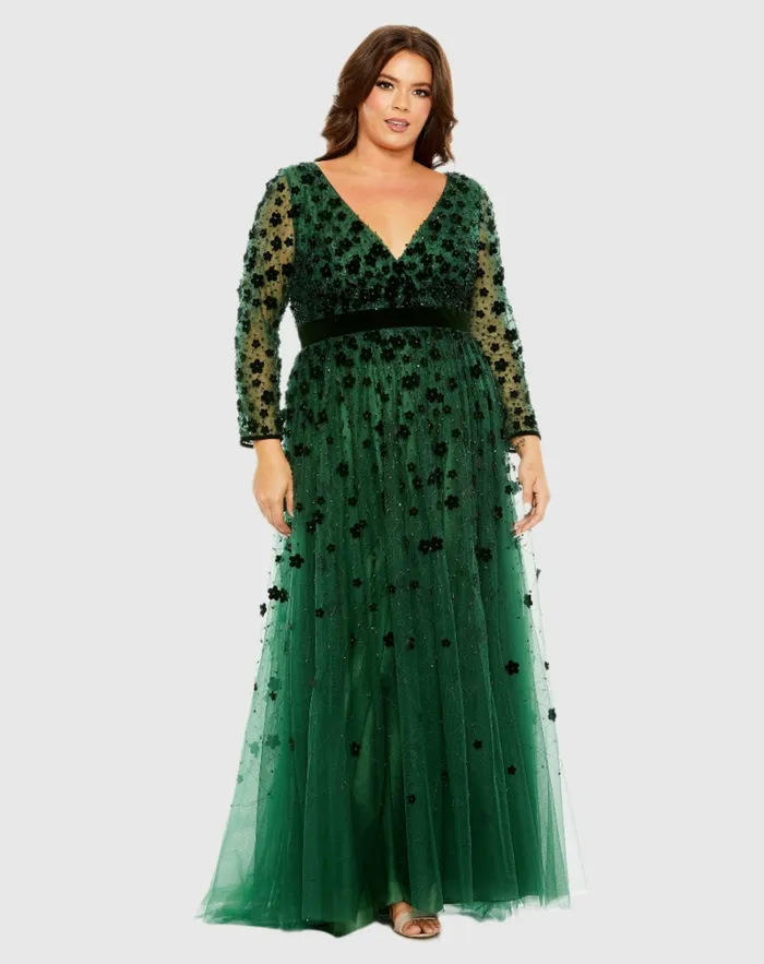 Women Plus Size Dresses Mac Duggal Floral Applique Long Sleeve A Line Dress Emerald
