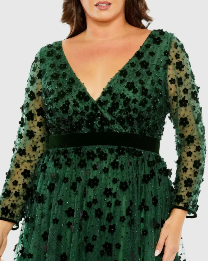 Women Plus Size Dresses Mac Duggal Floral Applique Long Sleeve A Line Dress Emerald