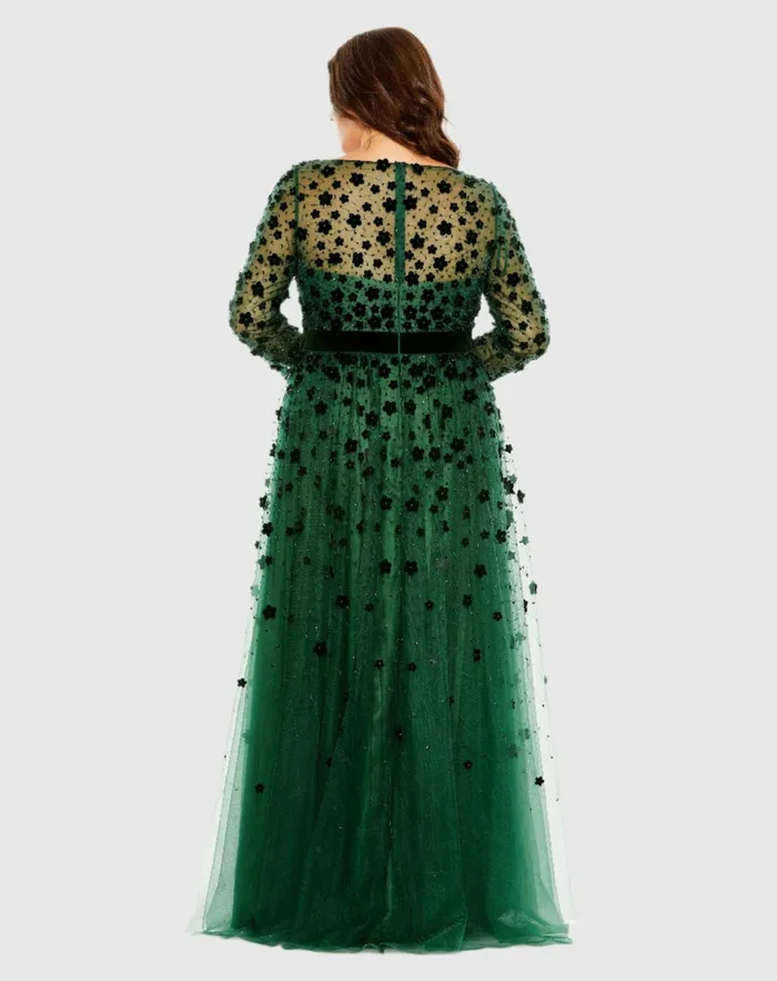 Women Plus Size Dresses Mac Duggal Floral Applique Long Sleeve A Line Dress Emerald