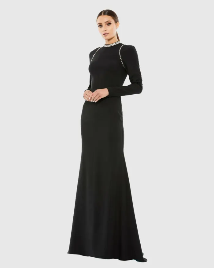 Women Raglan Long Sleeve High Neck Gown Black Evening Gowns Mac Duggal