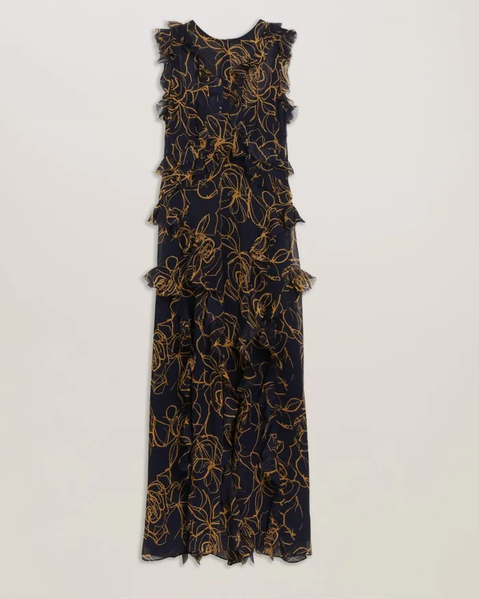 Women RIZE 8211 Floral Print Ruffle Detail Midi Dress Navy Ted Baker Dresses