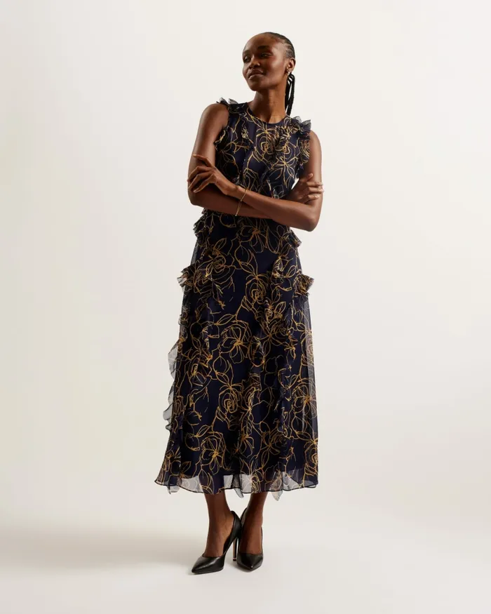 Women RIZE 8211 Floral Print Ruffle Detail Midi Dress Navy Ted Baker Dresses Women RIZE 8211 Floral Print Ruffle Detail Midi Dress Navy Ted Baker Dresses