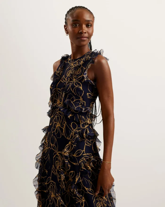 Women RIZE 8211 Floral Print Ruffle Detail Midi Dress Navy Ted Baker Dresses Women RIZE 8211 Floral Print Ruffle Detail Midi Dress Navy Ted Baker Dresses