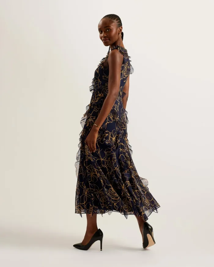 Women RIZE 8211 Floral Print Ruffle Detail Midi Dress Navy Ted Baker Dresses Women RIZE 8211 Floral Print Ruffle Detail Midi Dress Navy Ted Baker Dresses