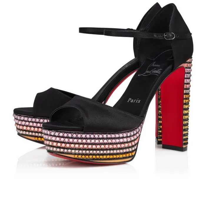 Women Sandaloo Strass Aftersun 130 Mm Sandals 8211 Crpe Satin Imprim Aftersun 8211 Black Christian Louboutin Platforms