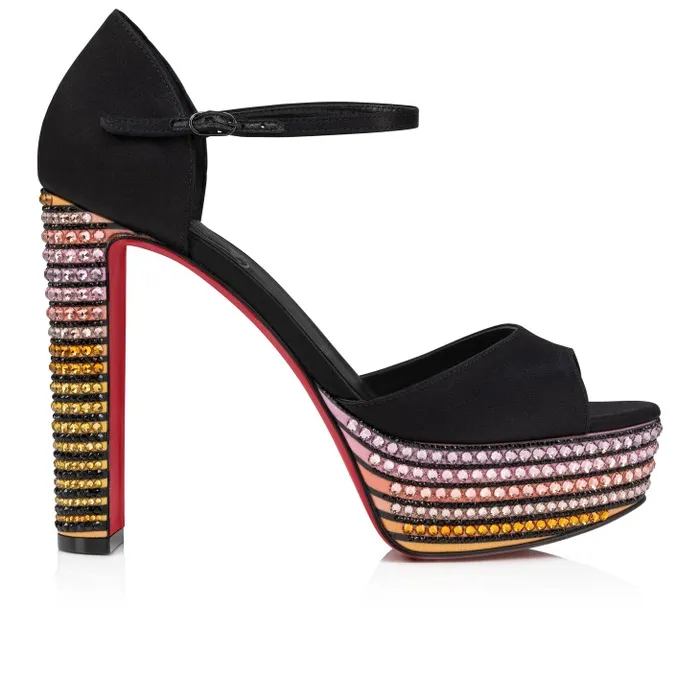 Women Sandaloo Strass Aftersun 130 Mm Sandals 8211 Crpe Satin Imprim Aftersun 8211 Black Christian Louboutin Platforms