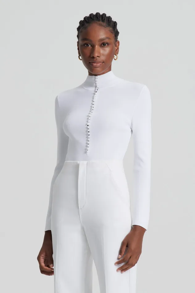 Women Scanlan Theodore CREPE KNIT BUTTON POLO SWEATER WHITE Tops