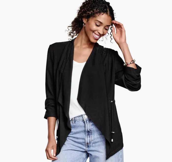 Women Shirts Sweaters and Blazers Johnston and Murphy Draped OpenFront Blazer Black