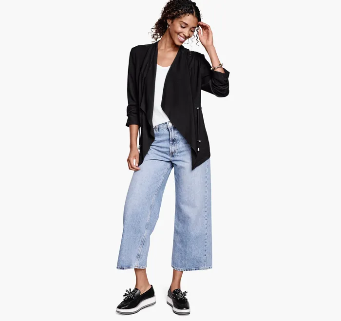Women Shirts Sweaters and Blazers Johnston and Murphy Draped OpenFront Blazer Black