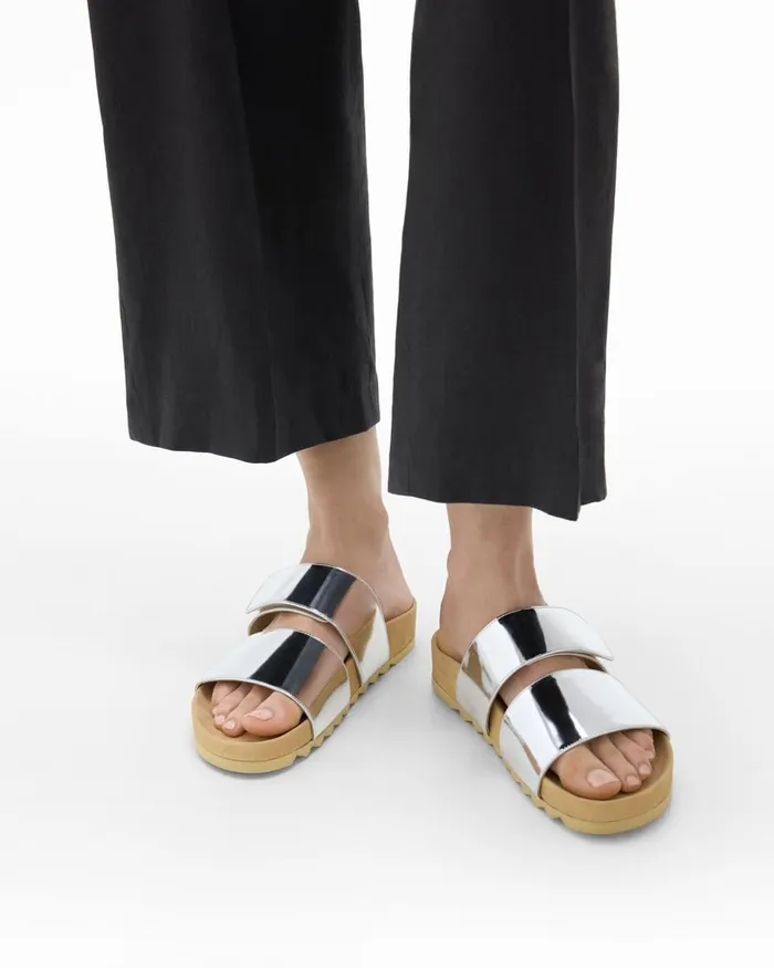Women Shoes Theory Slide Sandals In Metallic Leather Silver