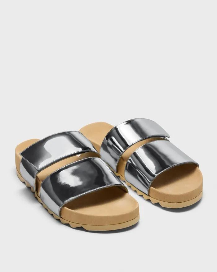 Women Shoes Theory Slide Sandals In Metallic Leather Silver
