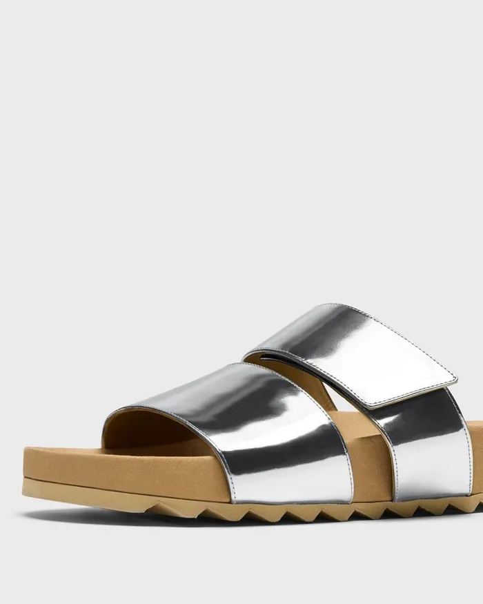 Women Shoes Theory Slide Sandals In Metallic Leather Silver