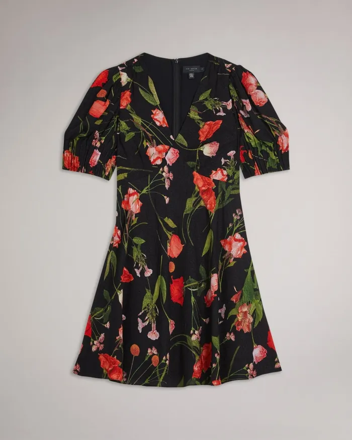 Women SIENNO 8211 Floral Mini Tea Dress With Puff Sleeves Black Ted Baker Dresses