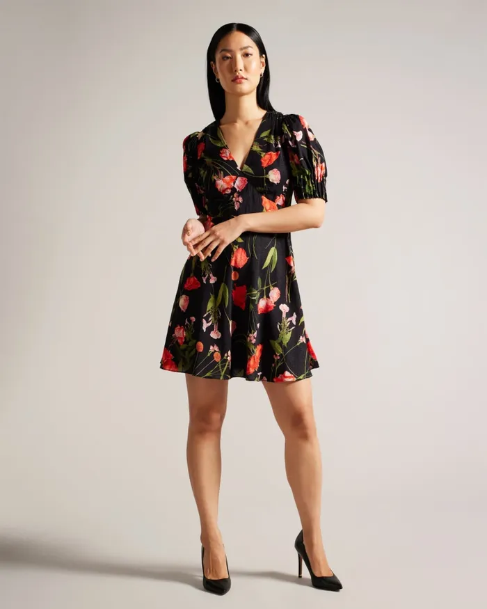 Women SIENNO 8211 Floral Mini Tea Dress With Puff Sleeves Black Ted Baker Dresses Women SIENNO 8211 Floral Mini Tea Dress With Puff Sleeves Black Ted Baker Dresses