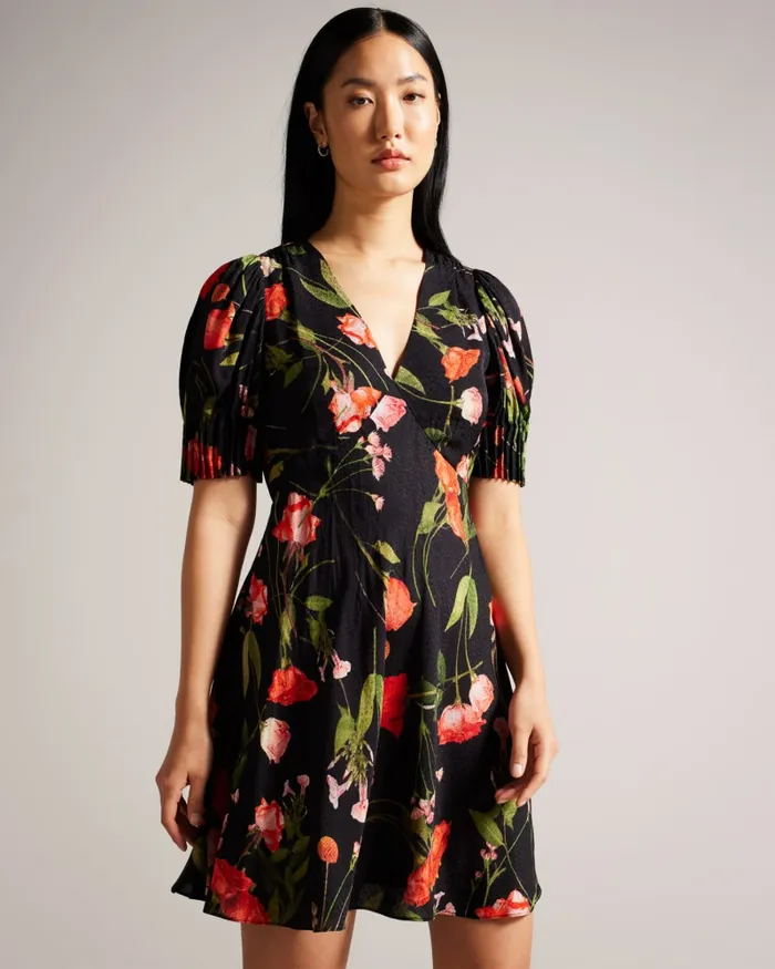 Women SIENNO 8211 Floral Mini Tea Dress With Puff Sleeves Black Ted Baker Dresses Women SIENNO 8211 Floral Mini Tea Dress With Puff Sleeves Black Ted Baker Dresses