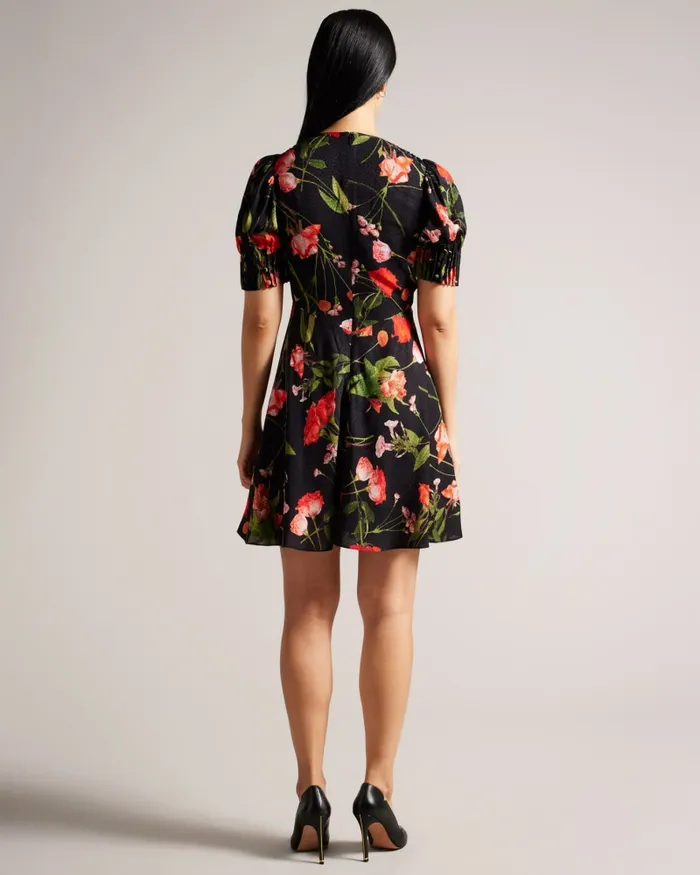 Women SIENNO 8211 Floral Mini Tea Dress With Puff Sleeves Black Ted Baker Dresses Women SIENNO 8211 Floral Mini Tea Dress With Puff Sleeves Black Ted Baker Dresses