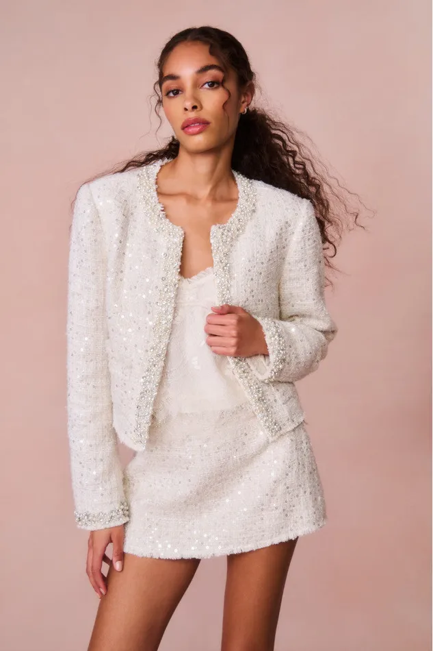 Women Skirts LoveShackFancy Wendina Sequined Tweed Mini Skirt Cream