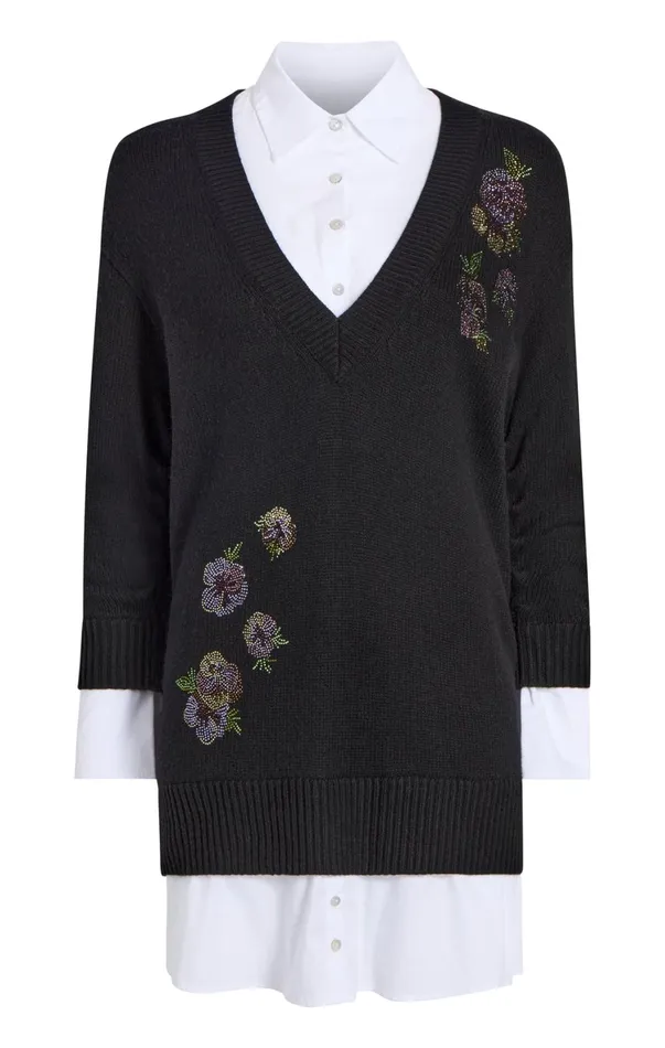 Women Sweaters and Knits Cinq Sept Heatset Floral Embellished Deep V Santina Dress Blackwhite