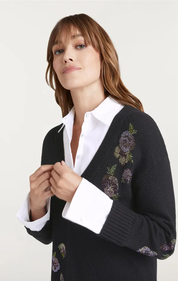 Women Sweaters and Knits Cinq Sept Heatset Floral Embellished Deep V Santina Dress Blackwhite