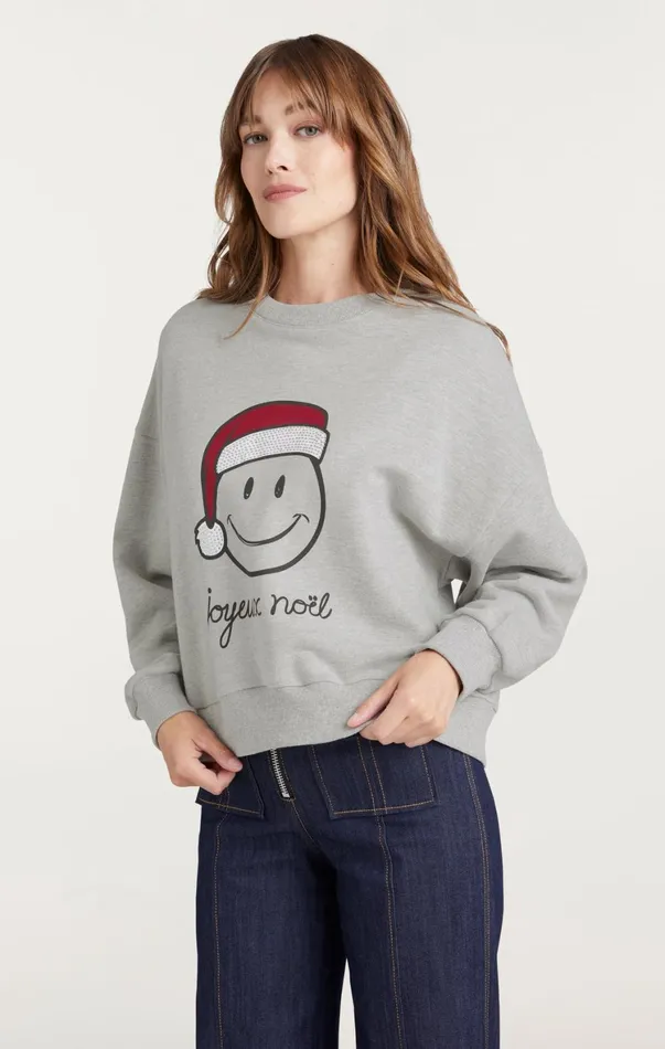 Women Sweaters and Knits Cinq Sept Heatset Smiley Joyeux Brandy Pullover Heather Greyblack