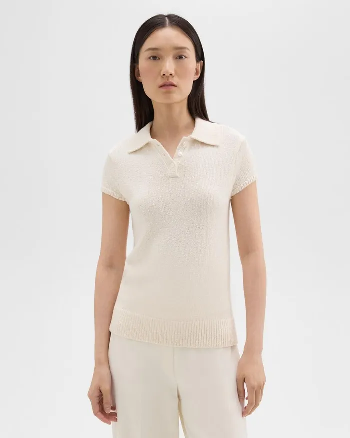 Women Sweaters Cardigans Theory Cap Sleeve Polo In CottonWool Boucleacute Off White