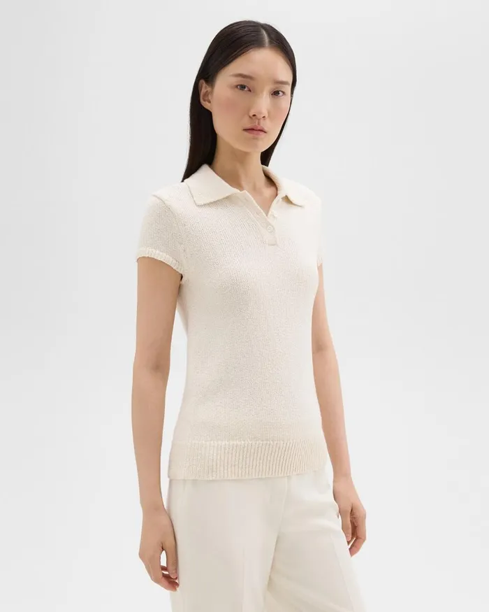 Women Sweaters Cardigans Theory Cap Sleeve Polo In CottonWool Boucleacute Off White