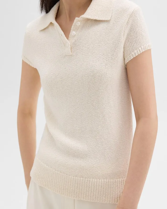Women Sweaters Cardigans Theory Cap Sleeve Polo In CottonWool Boucleacute Off White
