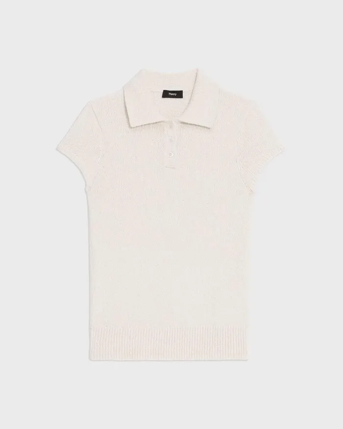 Women Sweaters Cardigans Theory Cap Sleeve Polo In CottonWool Boucleacute Off White