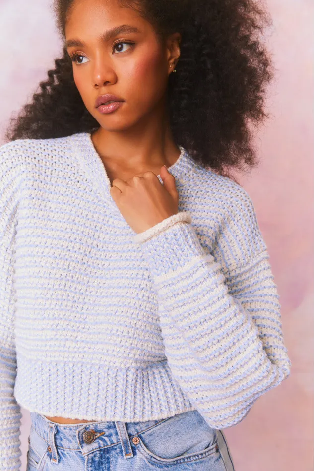 Women Sweaters LoveShackFancy Koa Cotton Stripe Pullover Sweater Ocean Pearl Women Sweaters LoveShackFancy Koa Cotton Stripe Pullover Sweater Ocean Pearl