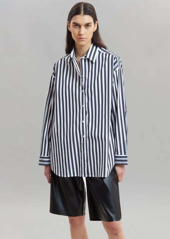 Women Sylvia Striped Oxford Shirt 8211 Faded BlackWhite The Frankie Shop Tops