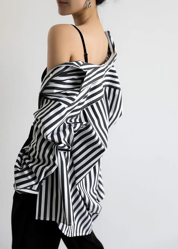 Women Sylvia Striped Oxford Shirt 8211 Faded BlackWhite The Frankie Shop Tops