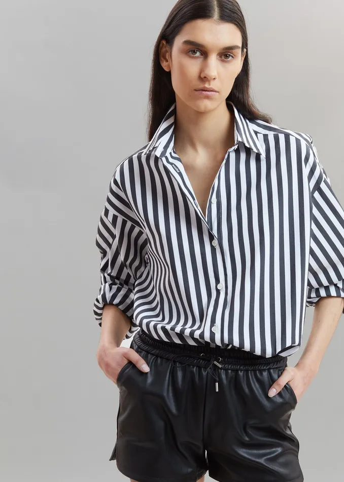 Women Sylvia Striped Oxford Shirt 8211 Faded BlackWhite The Frankie Shop Tops