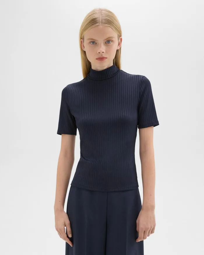 Women TShirts Tank Tops Theory Mock Neck ShortSleeve Top In Rib Knit Nocturne Navy