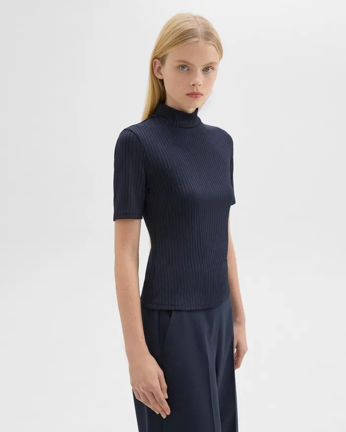 Women TShirts Tank Tops Theory Mock Neck ShortSleeve Top In Rib Knit Nocturne Navy