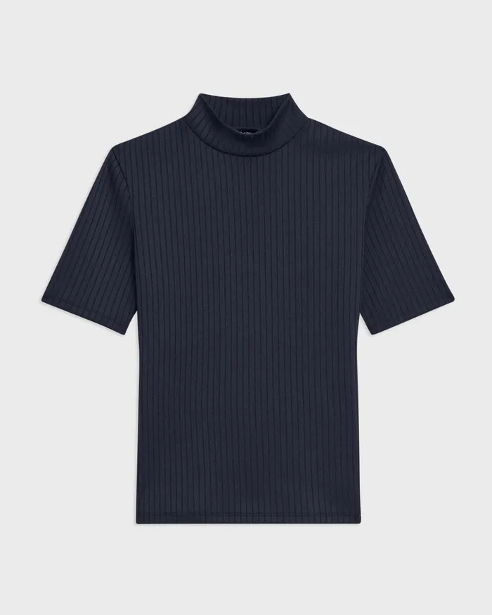 Women TShirts Tank Tops Theory Mock Neck ShortSleeve Top In Rib Knit Nocturne Navy