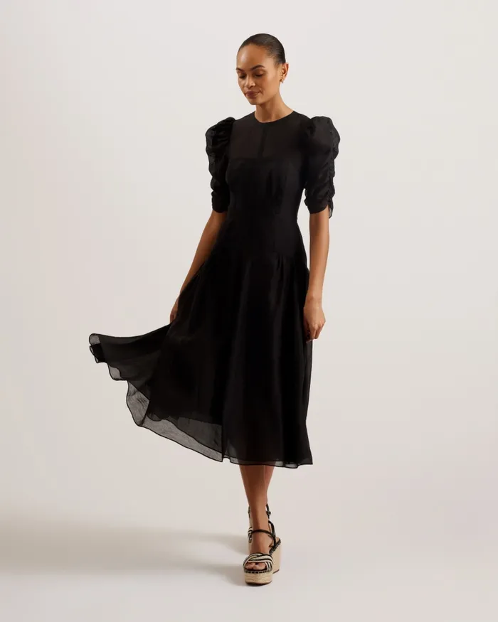 Women TATSU 8211 Puff Sleeve Midi Dress Black Ted Baker Dresses
