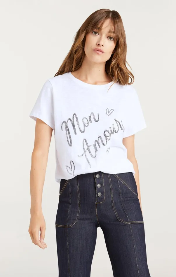 Women Tees and Pullovers Cinq Sept Heatset Mon Amour Tee Whiteblack