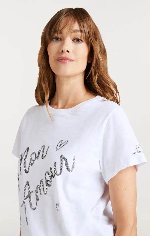 Women Tees and Pullovers Cinq Sept Heatset Mon Amour Tee Whiteblack